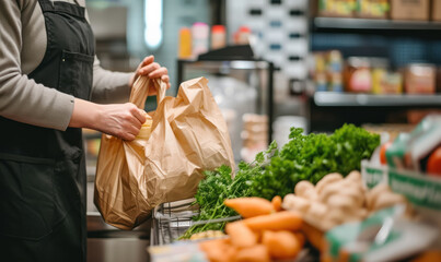 grocery store employee packing organic produce in paper bags at checkout