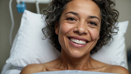 Close-up of a smiling middle-aged mixed-race woman in a hospital bed, radiating positivity and recovery. - obrazy, fototapety, plakaty