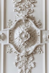 Decorative clay stucco with an ornament on a white ceiling or wall in an abstract classic white interior