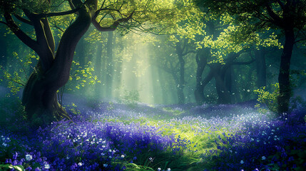 Encanto del Bosque: Campanillas Azules bajo la Luz del Sol Matinal - obrazy, fototapety, plakaty