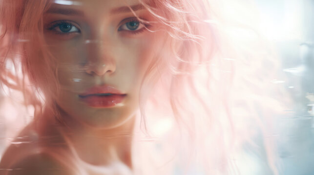 Surreal close up portrait of young woman with water reflections on her face