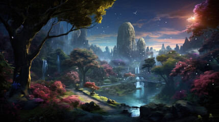 Fantasy magical enchanted fairy tale landscape with forest lake, fabulous fairytale garden. mysterious blue background and glowing moon ray in night. - obrazy, fototapety, plakaty