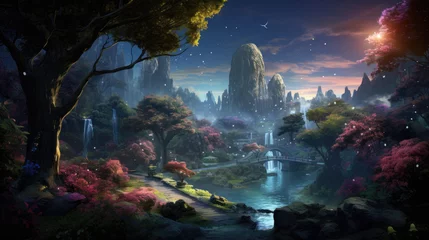 Gardinen Fantasy magical enchanted fairy tale landscape with forest lake, fabulous fairytale garden. mysterious blue background and glowing moon ray in night. © AL