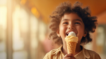 Latin American child portrait enjoying caramel ice cream cone, copy space