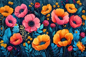 Modern flower design with pink, orange, cyan flowers, floral patterns, hand drawn textures.