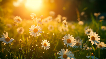 Luz del Sol en un Campo de Margaritas: Flores Radiantes al Atardecer