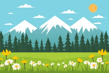 Gordijnen Vector illustration of a summer landscape with flowers, trees, high mountains with snow-capped peaks, clouds and sun in flat style. A simple cartoon landscape of a summer day in nature. © LoveSan