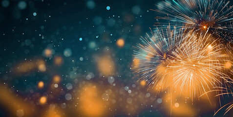 Gold and blue sky with fireworks and bokeh in New Year eve and copy space. Abstract background holiday	