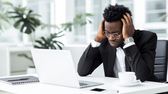 A stressed person at a desk holds their head in dismay while looking at a laptop screen, with eyeglasses set aside.
