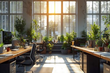 Sunlit Modern Office Space A Peaceful and Productive Environment with Green Plants, Wooden Tables, and Comfortable Seating