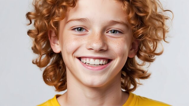 Primer plano de ni&ntilde;o pelirojo, sonriendo, sobre fondo blanco