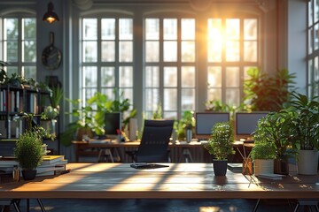Sunlit Modern Office Space A Peaceful and Productive Environment with Green Plants, Wooden Tables, and Comfortable Seating