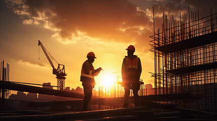 Fototapeta premium Silhouette of Engineer and worker on building site, construction site at sunset in evening time. 