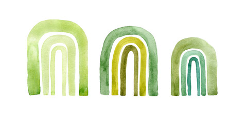 A watercolor set of new spring green rainbows on a white background.