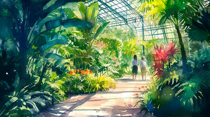 Oasis Tropical: Ilustración Acuarela de Jardín Botánico Exuberante - obrazy, fototapety, plakaty