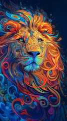 A Lion with Swirling patterns vibrant color, abstract geometric stripes , wallpaper background image for cellphone, mobile phone, ios, android