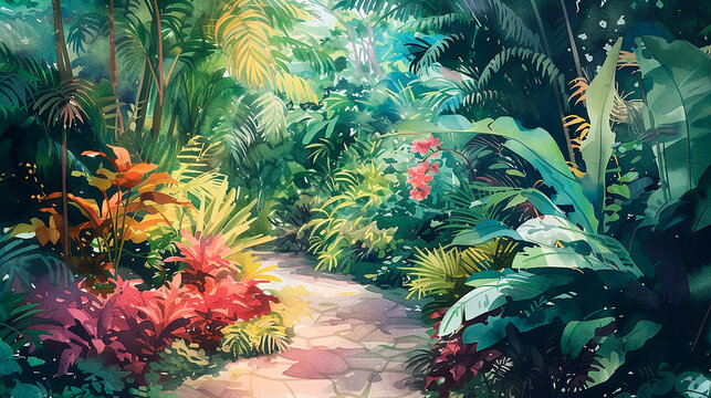 Oasis Tropical: Ilustraci&oacute;n Acuarela de Jard&iacute;n Bot&aacute;nico Exuberante