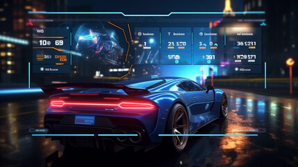 street racing AAA videogame gameplay with information datum design for console or web 3.0 playing to earn gaming crypto tokens and cryptocurrency project future as wide banner UI  - obrazy, fototapety, plakaty