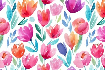 Fototapeta na wymiar Watercolor seamless Illustration of spring flowers with various types of flowers, concept of the arrival and onset of spring. Concept for wrapped cover paper