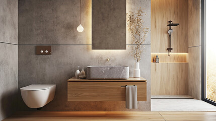 Modern gray stone sink closeup, wooden shelf, bathroom vanity, minimalist style. Interior design, cozy comfortable home