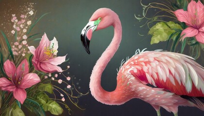 Pink flamingo with flower background, contemporary luxury art for canvas