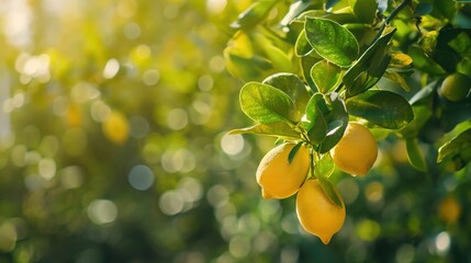 Vibrant ripe lemon citrus fruits on a branch and sunny green leaves. Outdoor nature background. - Powered by Adobe