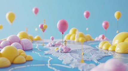 A whimsical 3D illustration featuring pastel-colored balloons floating over a stylized map with playful, soft textures.