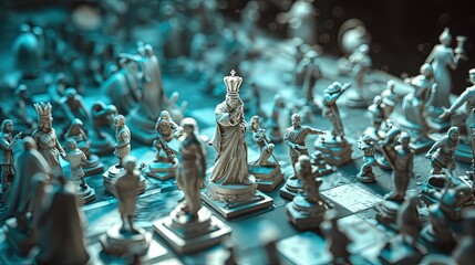 A closeup of a chessboard in mid-game, focusing on the queen piece amidst a blur of other chess figures.