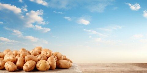 Fototapeta na wymiar Potatoes on table with field and sky.