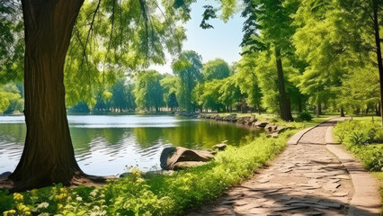  Beautiful colorful summer spring natural landscape with a lake in Park surrounded by green foliage of trees in sunlight and stone path in foreground.