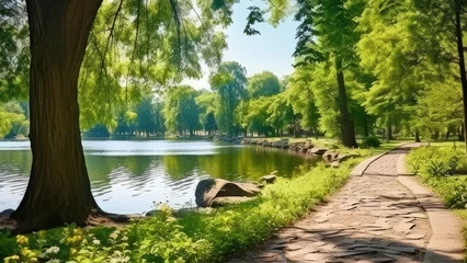 Raamstickers  Beautiful colorful summer spring natural landscape with a lake in Park surrounded by green foliage of trees in sunlight and stone path in foreground. © AL