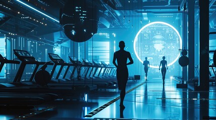 Silhouetted figures work out in a state-of-the-art futuristic gym, complete with advanced exercise equipment and interactive displays.