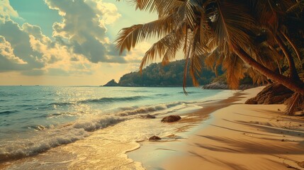 Golden sunlight illuminates a secluded tropical beach, casting a warm glow on the soft sand and swaying palm trees against a backdrop of calm seas.