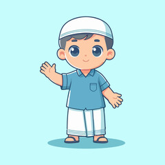 cute muslim boy waving wearing skullcap and sarong cartoon vector illustration