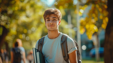 Portrait of male collage student with backpack looking at camera in outdoor park