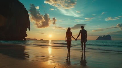 The silhouette of a couple is seen holding hands, walking along a pristine beach as the sun sets, casting a beautiful reflection on the water's surface.