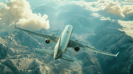 Commercial airplane caught mid-flight above breathtaking mountainous landscape, with clouds enveloping the peaks.