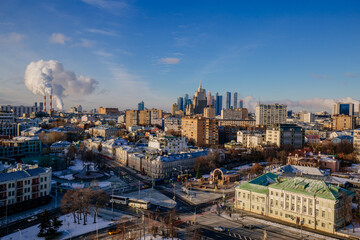 Aerial Moscow skyline in sunny winter day