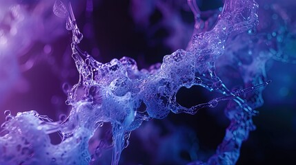 This image captures a dynamic, abstract visualization of a liquid-like neural network with interconnected nodes and synapses in a blue and purple color scheme.