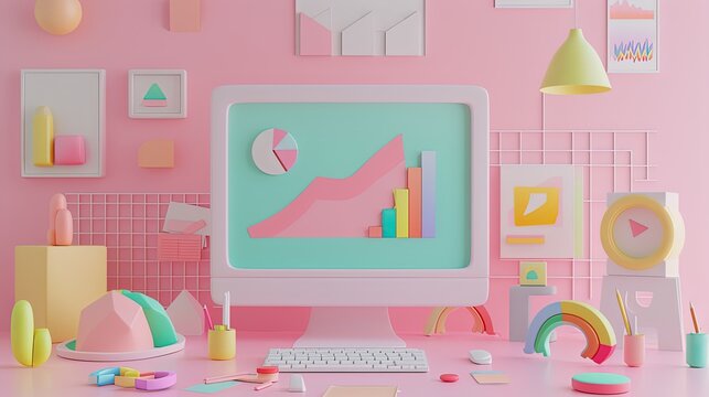 3D image of a modern workspace setup with pastel colors featuring a desktop with graphical charts, surrounded by creative ornaments.