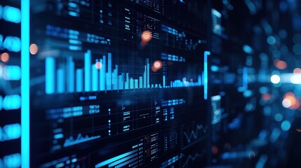 Close-up of a futuristic data analytics dashboard with glowing blue charts and graphs on a digital interface.
