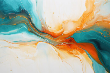 Fluid art surface pattern design. Modern abstract background in orange, turquoise and white colors - obrazy, fototapety, plakaty