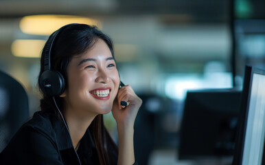 Young friendly operator, Asiatic woman agent with headsets working in a call center.