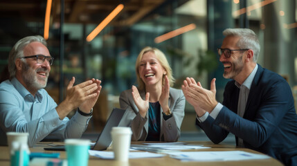 group of diverse professionals engaging in a collaborative and lively discussion around a table in an office setting