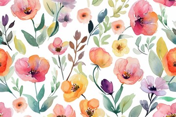 Watercolor seamless Illustration of spring flowers with various types of flowers, concept of the arrival and onset of spring. Concept for wrapped cover paper