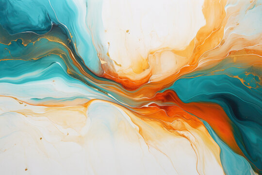 Fluid art surface pattern design. Modern abstract background in orange, turquoise and white colors