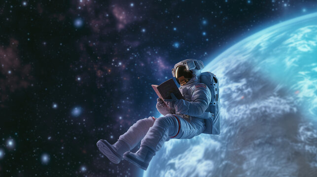 A serene astronaut floats in the vastness of space, reading a book, with the blue curve of Earth in the background.