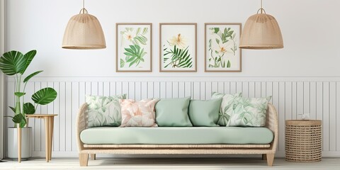 Framed tropical leaves and pastel lamps hanging above green wooden sofa, white cupboard and wicker basket with pillows.