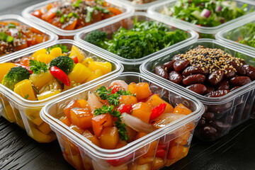 Fototapeta na wymiar Lunch boxes with prepared food for healthy nutrition. Catering service for balanced diet. Takeaway food delivery in restaurant. Containers with everyday meals