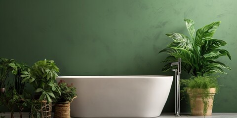 Modern bathtub, bath accessories, and houseplants in bathroom with green wall.